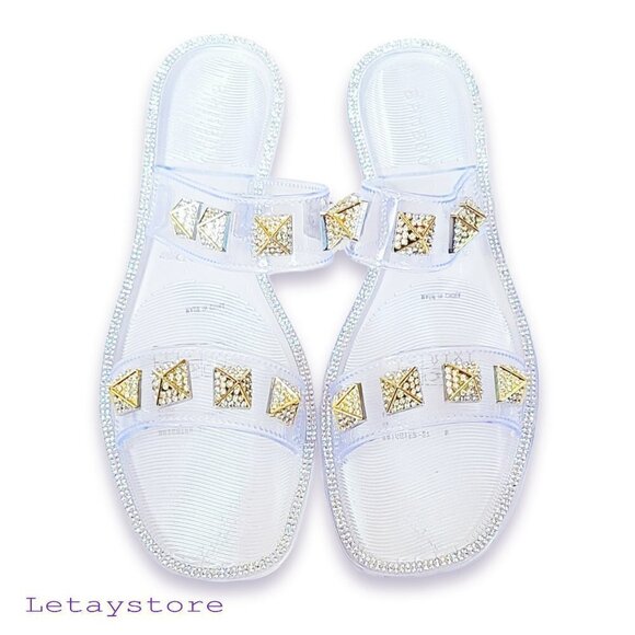 NWT Bamboo Rhinestone Stud Embellished Jelly Flat Slides Sandals - Picture 1 of 5